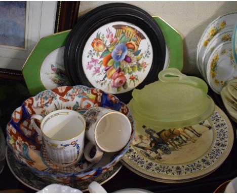 A Tray of Ceramics to Include an Oriental 19th Century Imari Reeded Bowl (AF), Turkey Plate, Ebonised Framed Circular Ceramic