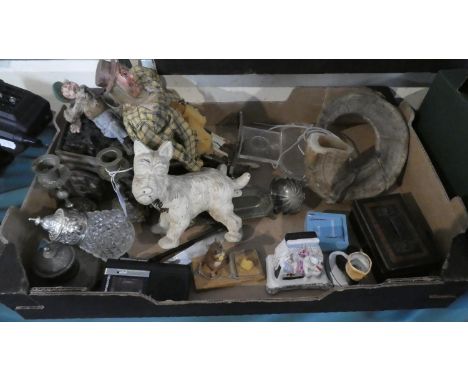 A Collection of Curios to Include Candle Sticks, Handmade Automaton, Rams Horn, Cast Iron Dog Doorstop, Fairing, Cash Tin etc