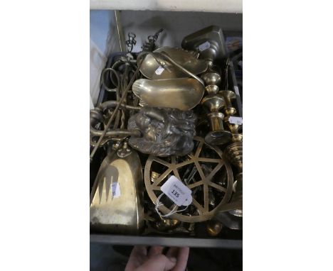 A Box Containing Brass Ornaments, Candle Sticks, Lion Mask Door Knocker, Kettle Stands, Fire Irons etc 