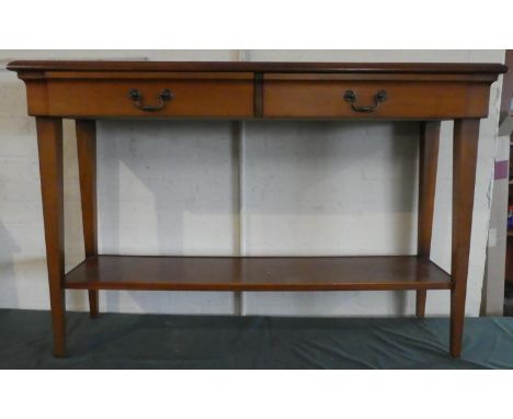 A Modern Cherry Wood Two Drawer Side Hall Table with Stretcher Shelf, 124cm Wide 