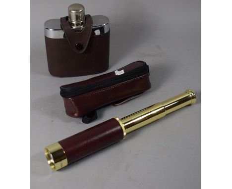 A Modern Brass Two Drawer Telescope and a Hip Flask 