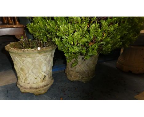 A Pair of Reconstituted Stone Garden Planters, One with Shrub, Relief Basket Weave Decoration, 33cm Diameter 