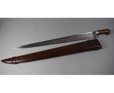 A Vintage Wooden Handled Machete with Leather Scabbard, Blade 58.5cm Long 