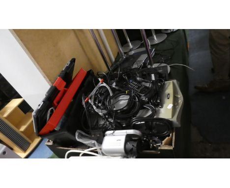 A Box Containing Various Electronics, Toolbox, Telephones, Keyboard etc 