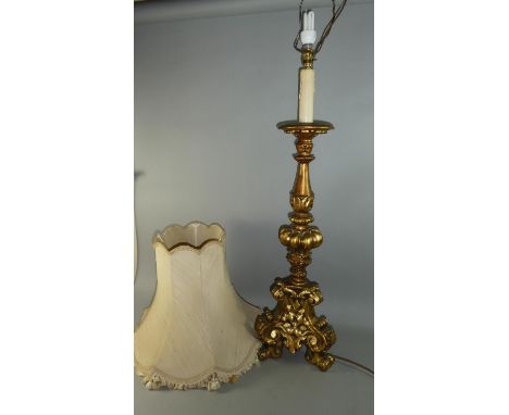 An Ornate Gilt Tall Table Lamp and Shade on Tripod Base, Lamp 96cm high 