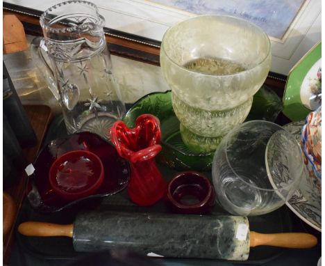 A Tray of Glassware to Include Good Quality Cut Glass Jug, Cranberry Glass Vase etc Together with a Marble Rolling Pin 