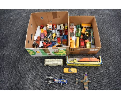 A selection of mixed playworn diecasts including Spot-On Bentley Saloon, Dinky Spitfire, Mettoy Bus, Zylmex Super Drag, Match