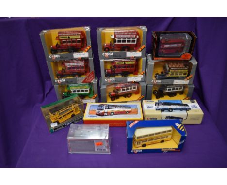Twelve Corgi diecast Buses including Thornycrofts, Metrobus, Tellus Midland, Yellow Coach 743 Waves and AEC along with two EF