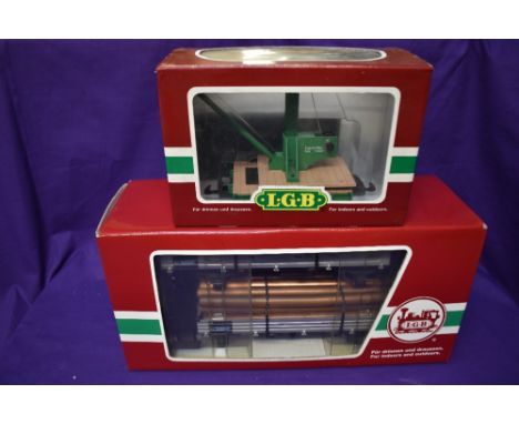 Two LGB Lehmann Gross Bahn G scale , Field Railroad Crane Car, boxed 46170 and a set of two Low Sided Wagons with Pipes and P