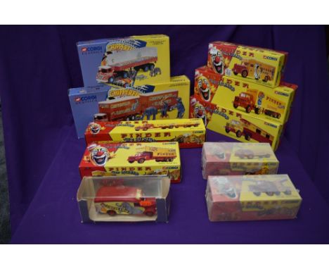Ten Circus related diecasts comprising seven Corgi Jean Richard Pinder Sets 70101, 70201, 70301, 71202, 72004, 73301 and 7430