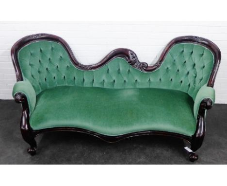 Mahogany framed spoon back settee with green buttonback upholstery, 90 x 200cm