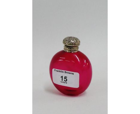 Victorian silver mounted and ruby glass scent bottle complete with internal glass stopper, 8cm high 
