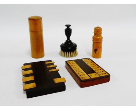 Two late 19th century treen games markers, a treen box with crochet tools, a treen brush and a small cylindrical box and cove