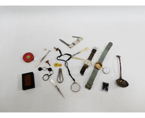 Bag of general oddments to include watch parts, fruit knives, sifter spoon etc.