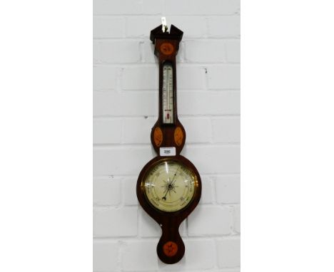 Small mahogany and inlaid banjo barometer, 60cm long