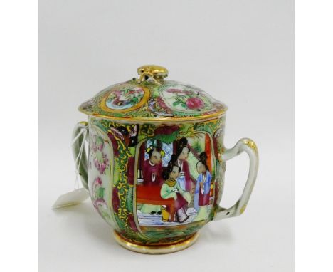 Large Canton Famille enamelled and celadon twin handled sucrier and cover painted with alternating bird and figure panels, 13