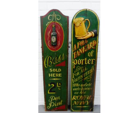 Two vintage painted wooden pub signs to include "Bass" and "A full tankard of porter for all volunteers who enlist into servi