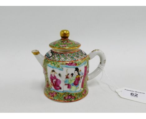 Canton Famille Rose bell shaped miniature teapot and cover painted with figural panels, 9.5cm high