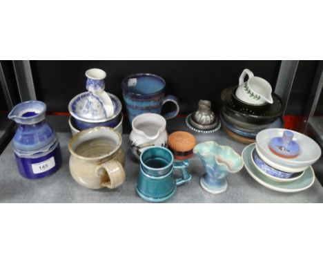Quantity of studio pottery to include mugs, vases, jugs, candlestick, trinket dishes, etc, (a large lot)