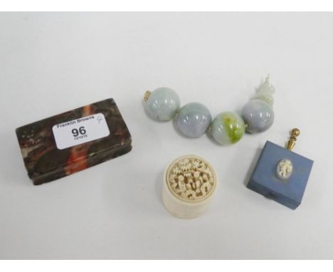 Late 19th / early 20th century ivory pill box with carved cover, together with a strand of four jade beads and a hardstone pa