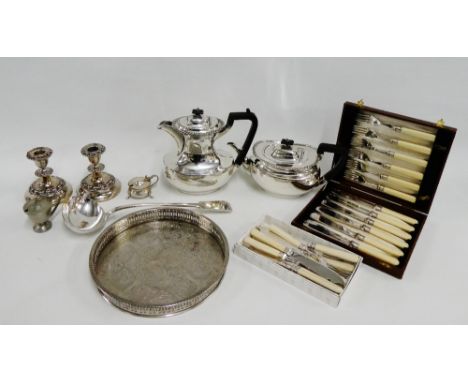 Carton containing Epns wares to include a ladle, teaset, candlestick, flat wares etc,. (a lot) 