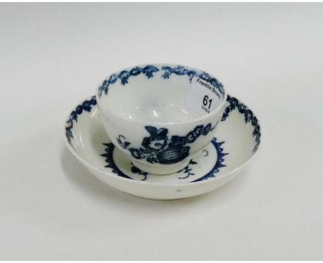 18th century Worcester blue and white fruit patterned teabowl and saucer, (2) 