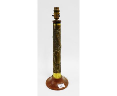 Brass table lamp base on a turned wooden base