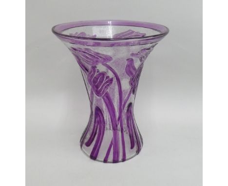 Webb amethyst flashed glass floral patterned vase, 23cm high