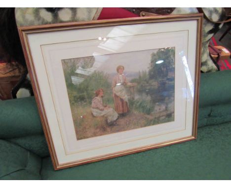 A lithograph in colours after Henry John Yeend King (1855-1924) of two young women by a river, one standing the other sitting