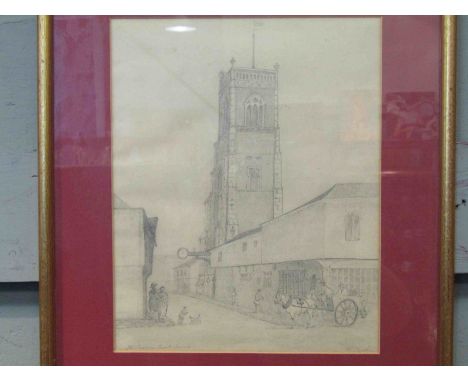 William Trent: St. Lawrences Church, Ipswich. Framed and glazed pencil drawing. 26cm x 20cm