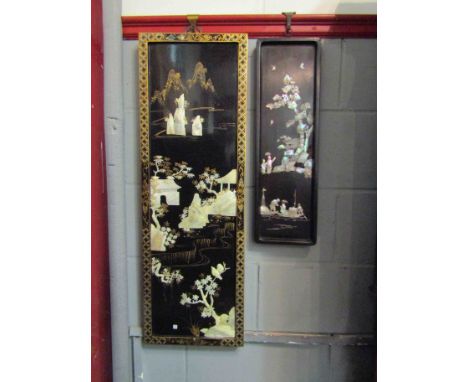 Two lacquered mother of pearl decorated Japanese wall hangings 