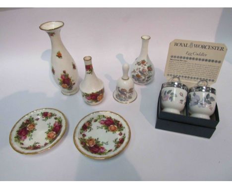 A selection of Wedgwood Kutani Crane, Royal Albert Old Country Roses and Royal Worcester egg coddlers, vases etc. (7)
