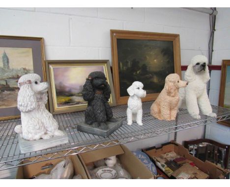 Five resin and ceramic poodle figures 