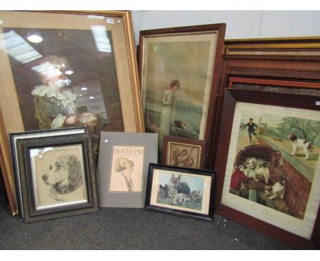 A group of assorted portrait prints including Bubbles, Laughing Cavalier and dog prints etc.