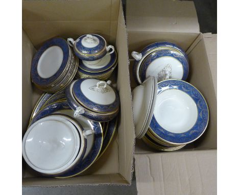 Two boxes of Myott &amp; Son dinnerwares, plates, soup bowls, a set of graduated oval plates, treens, etc. **PLEASE NOTE THIS