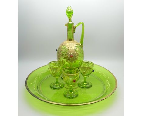 A 19th Century green glass decanter, three glasses, glass tray, one glass and decanter a/f 