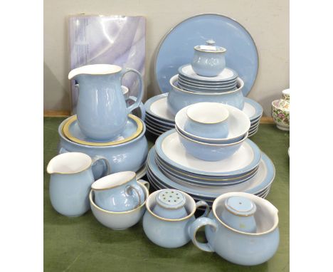 A collection of Denby Colonial Blue dinnerwares, comprising cake plate, table mats and coasters, six oval dinner plates, four