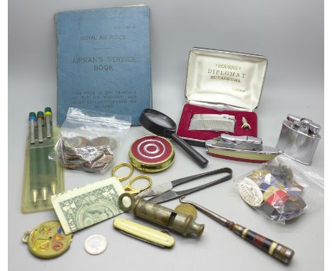 An Art Deco boat lighter, RAF Airman's Service book, coins, notes, etc. 