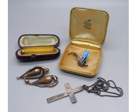An enamel mayfly brooch, enamel a/f, an amber cheroot holder, a hallmarked silver cross pendant with inscription and a pair o