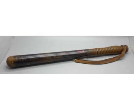 A Victorian painted truncheon, stamped Field, 233 Holborn, with original strap 