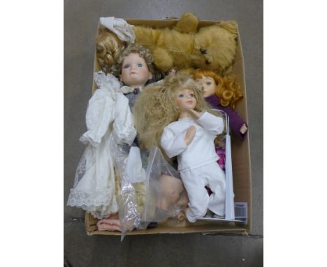 A collection of dolls and a vintage Teddy bear and porcelain doll parts **PLEASE NOTE THIS LOT IS NOT ELIGIBLE FOR POSTING AN