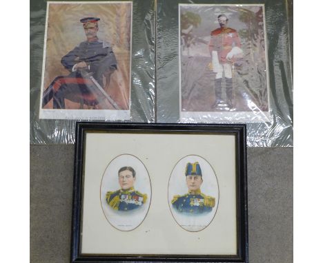 Silk pictures of Admiral Beatty, Admiral Sir John R. Jellicoe, two prints of Major General J.M. Babington and Brigadier Gener