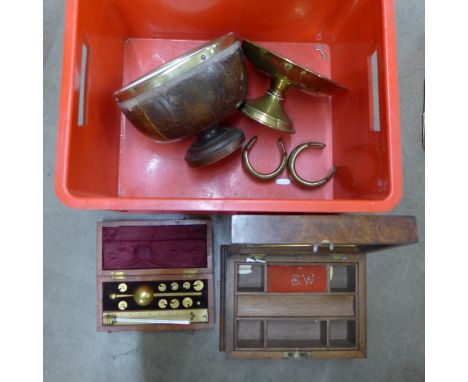 A cased Sikes Hydrometer, an inlaid jewellery box, wooden bowl, brass comport and two slave bangles **PLEASE NOTE THIS LOT IS