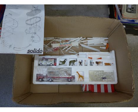 Solido model circus vehicles, animals and a Big-Top in pieces with Solido instructions 