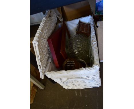 WHITE WICKER PAINTED BASKET CONTAINING GLASS FRUIT BOWL, FRAMED PRINT ETC