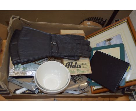 BOX OF SUNDRIES TO INCLUDE FRAMED KEITH JOHNSON PRINT, WADDINGTONS LEATHER GLOVES ETC