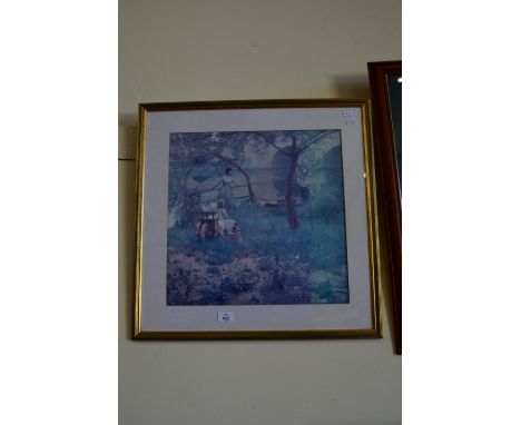 GILT FRAMED PRINT OF GIRLS AT A RIVERBANK, 59 X 59CM