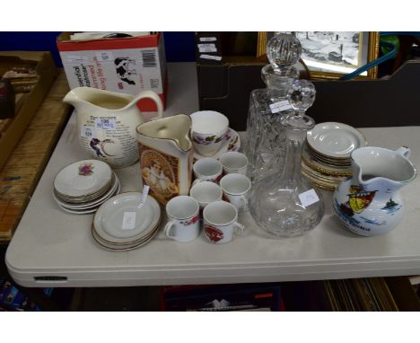 CERAMIC ITEMS, CUPS AND SAUCERS, TOGETHER WITH TWO GLASS DECANTERS