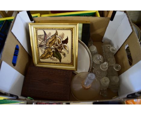 BOX CONTAINING GLASS CONDIMENTS, FRAMED TILE, POSSIBLY MINTON, ETC