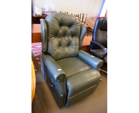 MODERN BUTTON BACK GREEN UPHOLSTERED RECLINING ARMCHAIR, 80CM HIGH